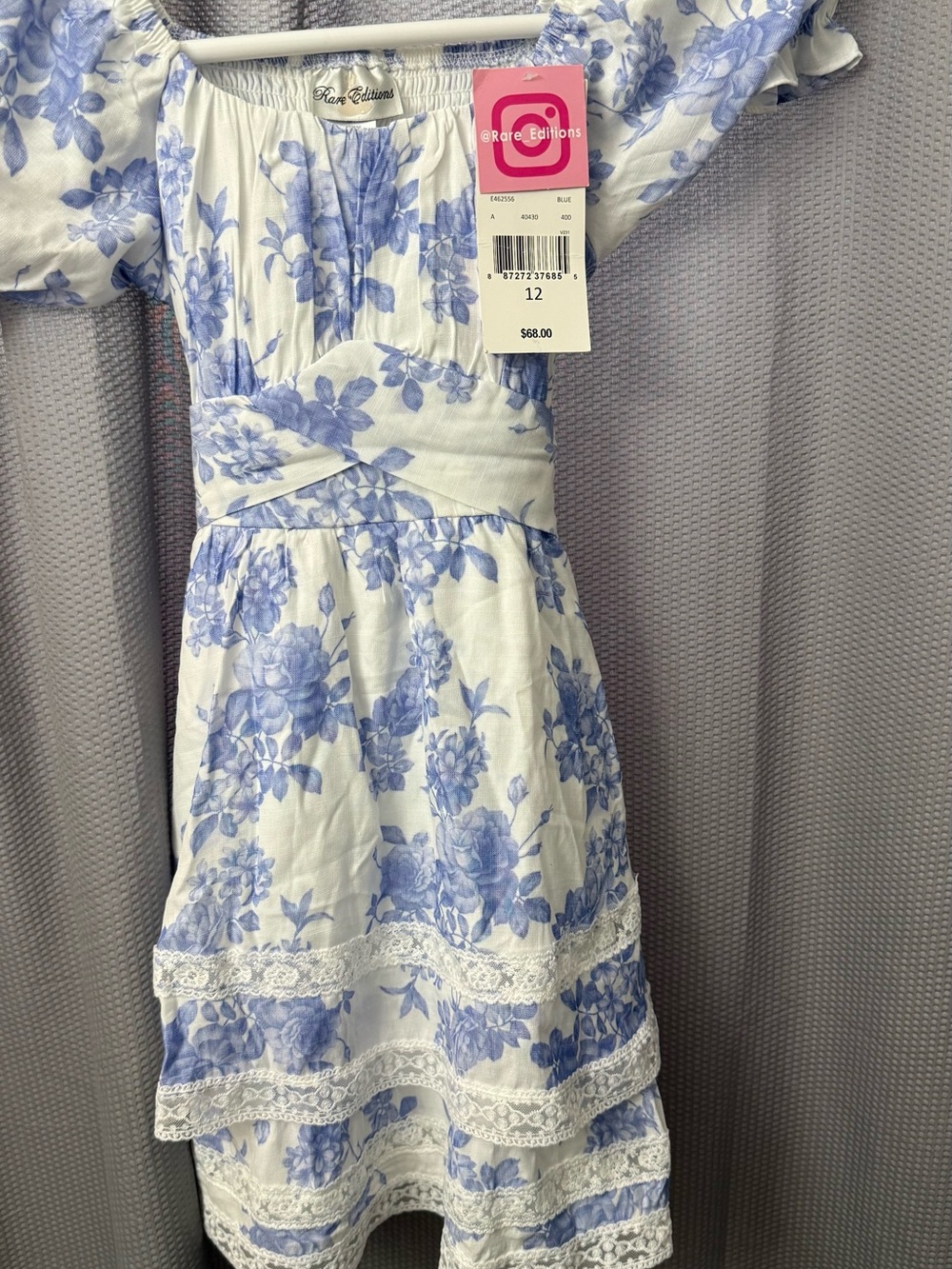 Rare Editions White and Blue Floral Off-Shoulder Party Dress